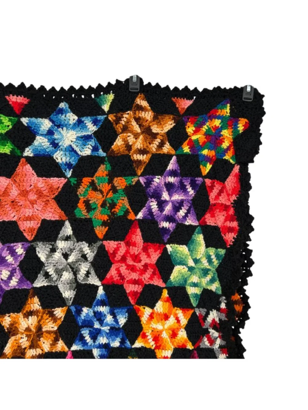 Vintage Multicolor Star Hexagon Crochet Throw Blanket Handmade 70